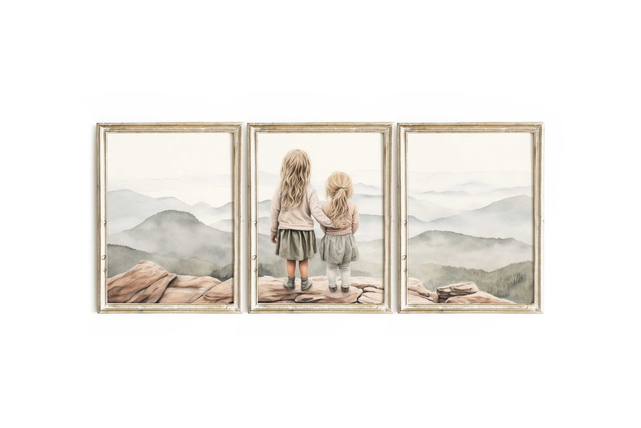 Blonde Sister Mountain Wall Art – Adventure Girls Room Print • Set of 3