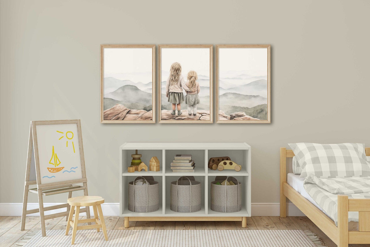 Blonde Sister Mountain Wall Art – Adventure Girls Room Print • Set of 3