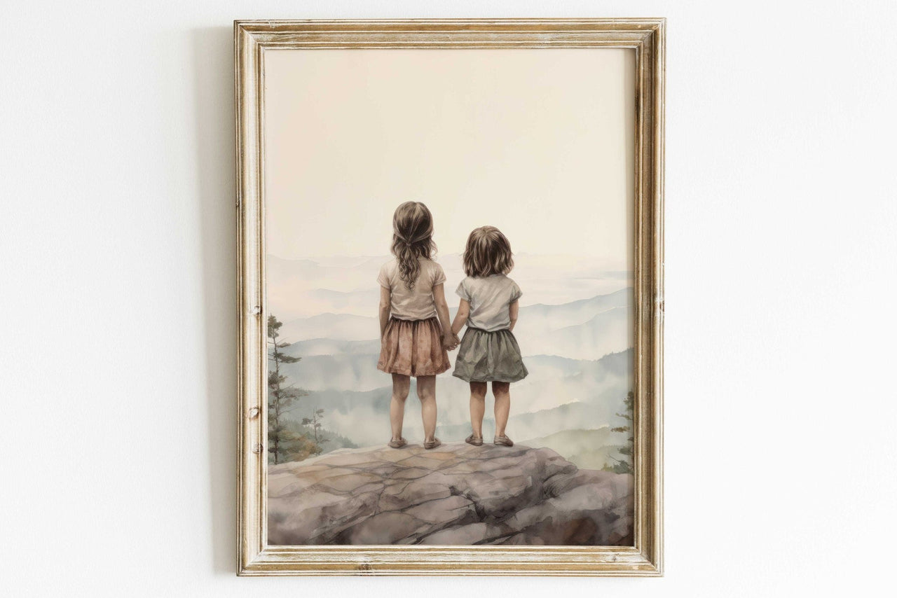 Cliffside Sisters Wall Art – Family Room Print for Kids