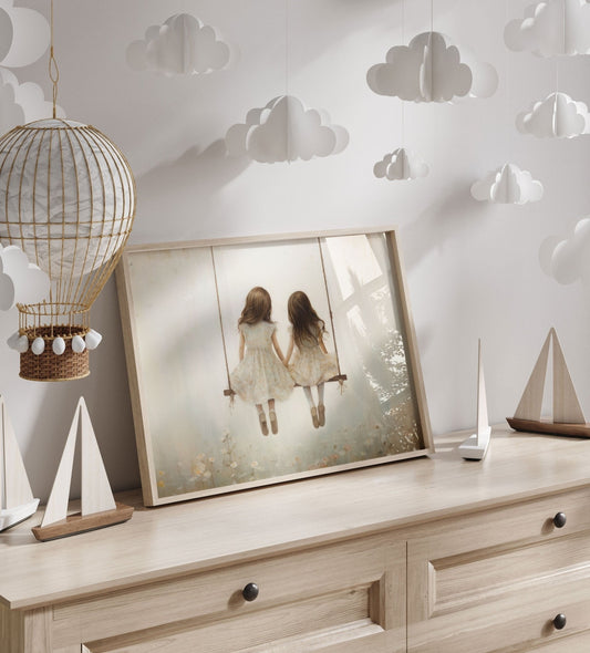 Sisters Wall Art, Vintage Nursery Decor, Friends on Swing Print - WildfieldPrints