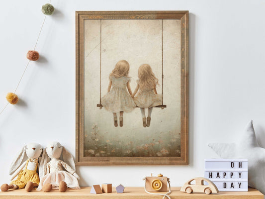 Sisters Wall Art, Vintage Nursery Decor, Friends on Swing Print - WildfieldPrints