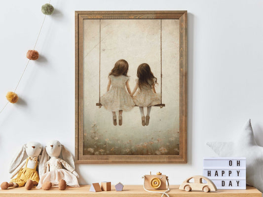 Sisters Wall Art, Vintage Nursery Decor, Girls on Swing Print - WildfieldPrints