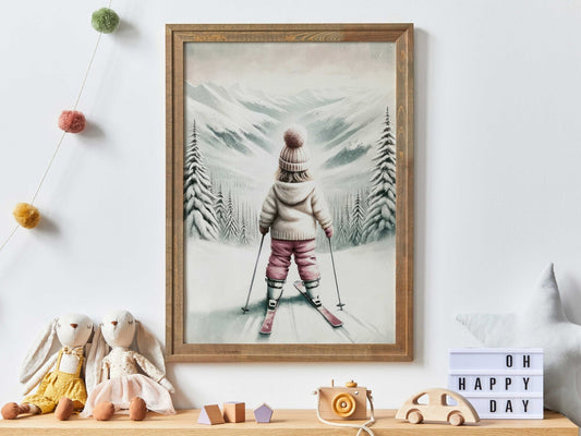 Skiing Nursery Art, Winter Wall Decor for Kids, Adorable Skier Print - WildfieldPrints