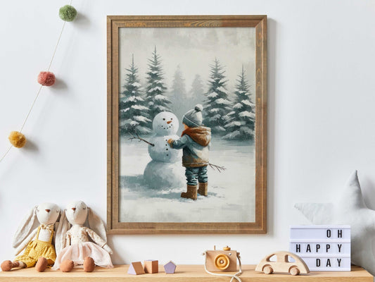 Snowman Print, Boys Room Decor, Winter Nursery Wall Art - WildfieldPrints