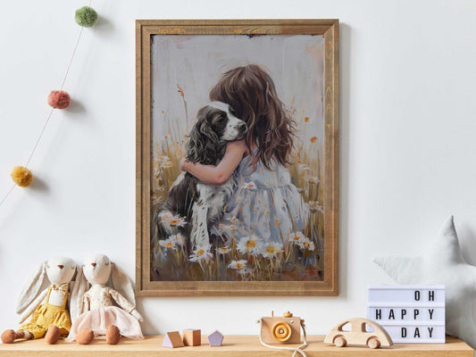 Springer Spaniel Nursery Art, Black & White Springer Spaniel Print, Dog Girl Nursery Decor, Girl and Dog Painting, Printable Rustic Dog Art - My Store