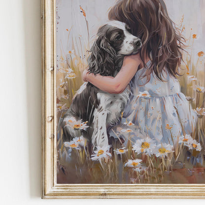 Springer Spaniel Nursery Art, Black & White Springer Spaniel Print, Dog Girl Nursery Decor, Girl and Dog Painting, Printable Rustic Dog Art - My Store