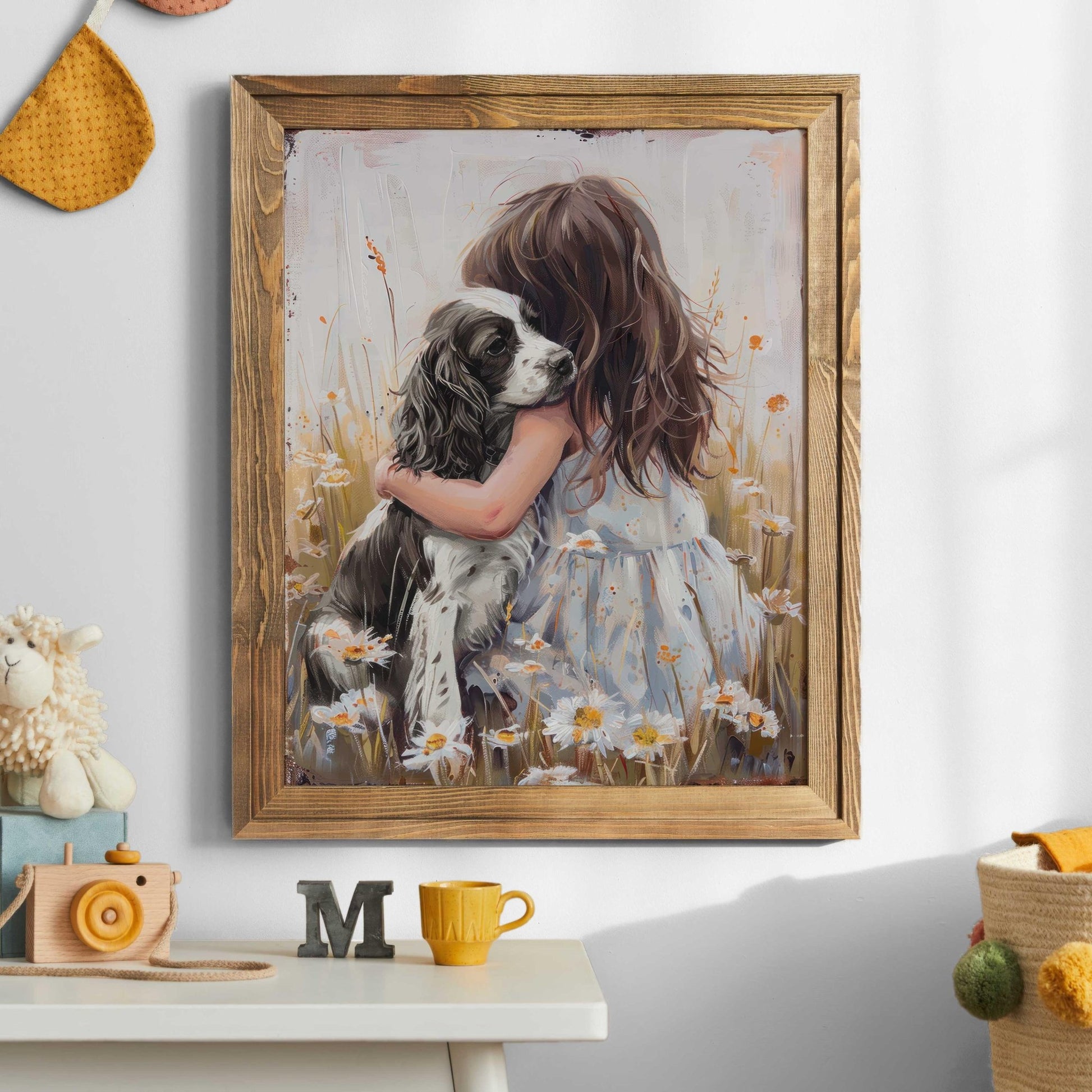 Springer Spaniel Nursery Art, Black & White Springer Spaniel Print, Dog Girl Nursery Decor, Girl and Dog Painting, Printable Rustic Dog Art - My Store