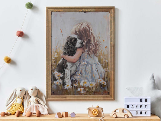 Springer Spaniel Nursery Wall Art, Black Springer Spaniel Painting, Dog Nursery Decor Girl, Girl and Dog Print, Printable Vintage Dog Art - My Store