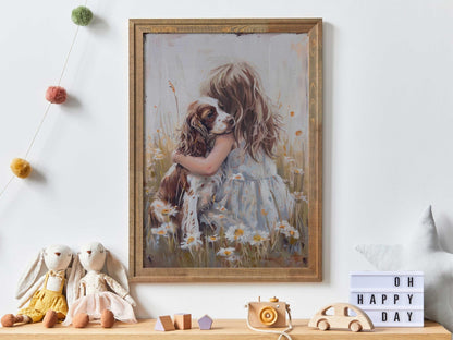 Springer Spaniel Wall Art, Brown & White Dog Decor, Girl and Dog Painting - WildfieldPrints