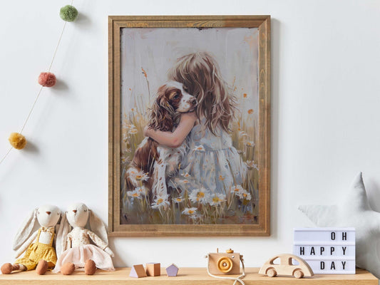 Springer Spaniel Wall Art, Brown & White Dog Decor, Girl and Dog Painting - WildfieldPrints