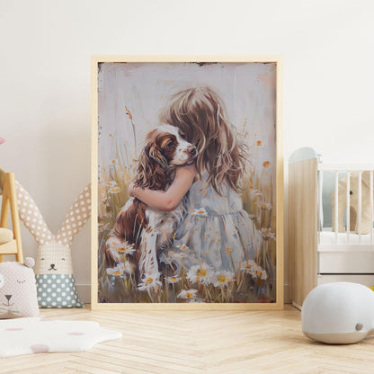 Springer Spaniel Wall Art, Brown & White Dog Decor, Girl and Dog Painting - WildfieldPrints