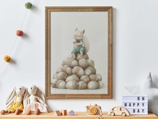 Squirrel Nursery Decor, Whimsical Acorn Print, Woodland Animal Art - WildfieldPrints