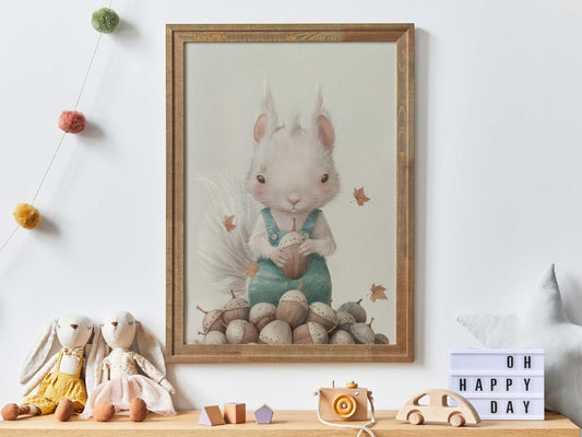 Squirrel Nursery Prints, Whimsical Woodland Decor, Acorn and Squirrel - WildfieldPrints