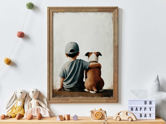 Staffordshire Bullterrier Nursery Wall Art, Boy & Dog Print, Puppy Decor - WildfieldPrints