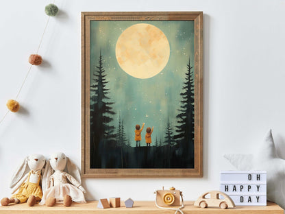 Stargazing Adventure Nursery Decor, Siblings Wall Art, Forest & Stars Print - WildfieldPrints