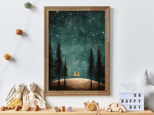 Stargazing Adventure Nursery Decor, Siblings Wall Art, Forest & Stars Print - WildfieldPrints