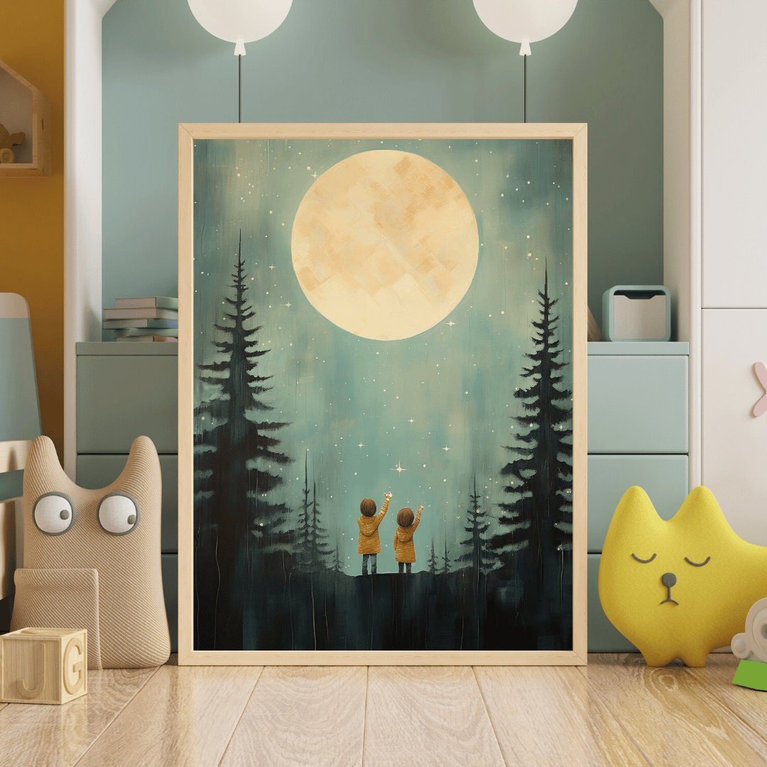 Stargazing Adventure Nursery Decor, Siblings Wall Art, Forest & Stars Print - WildfieldPrints