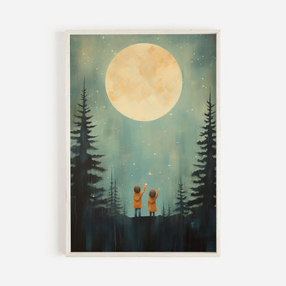 Stargazing Adventure Nursery Decor, Siblings Wall Art, Forest & Stars Print - WildfieldPrints
