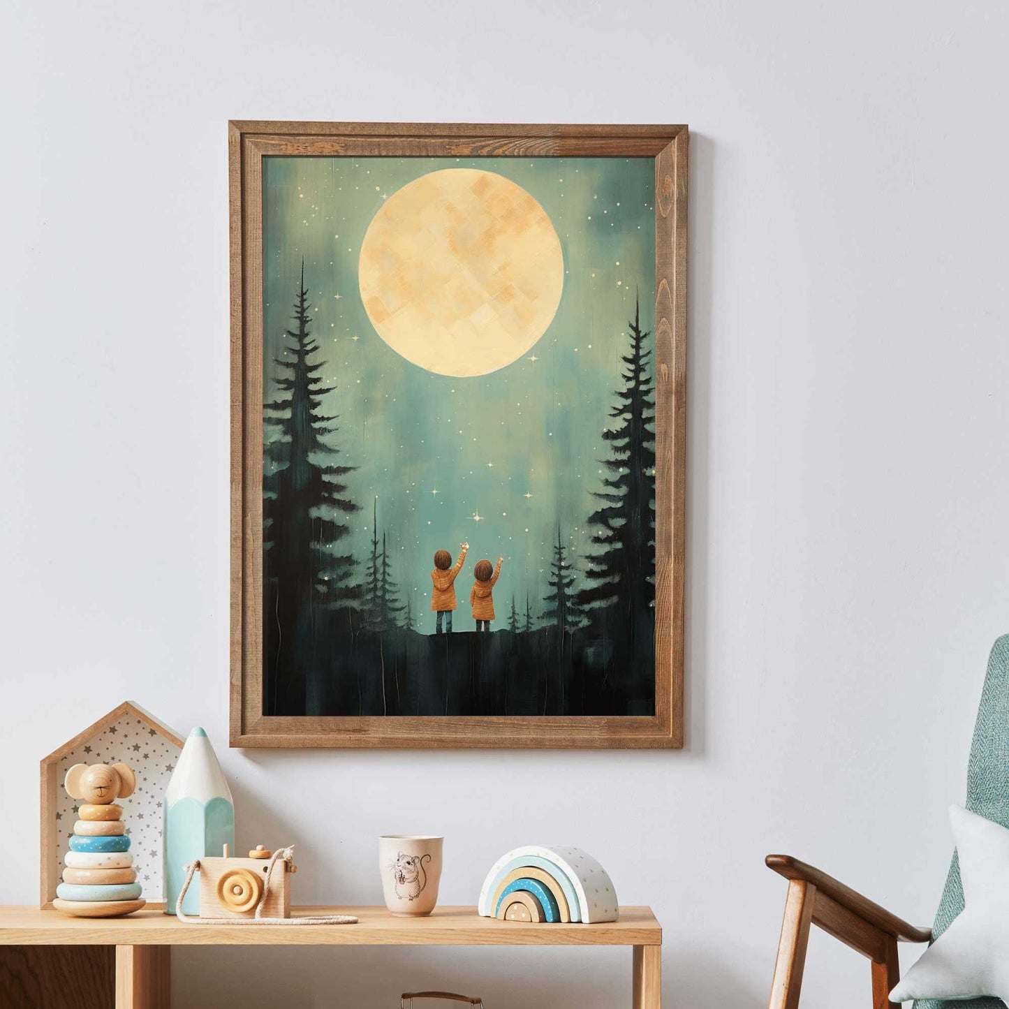 Stargazing Adventure Nursery Decor, Siblings Wall Art, Forest & Stars Print - WildfieldPrints