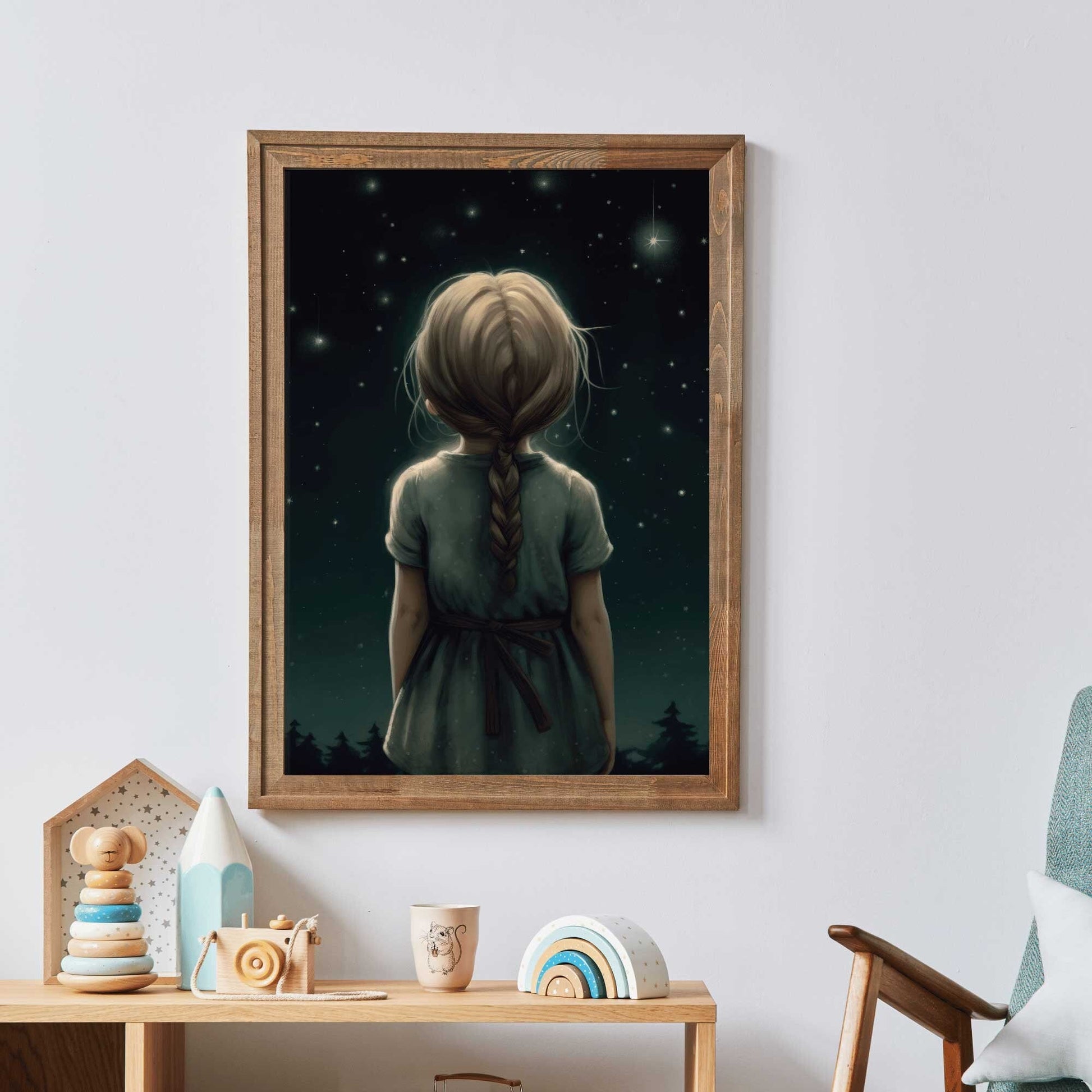 Stargazing Print, Girls Room Wall Art, Forest & Stars Decor - WildfieldPrints