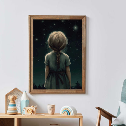 Stargazing Print, Girls Room Wall Art, Forest & Stars Decor - WildfieldPrints