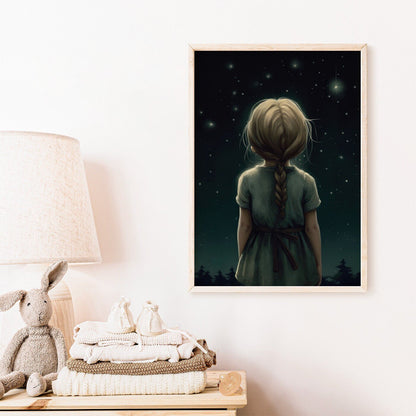 Stargazing Print, Girls Room Wall Art, Forest & Stars Decor - WildfieldPrints