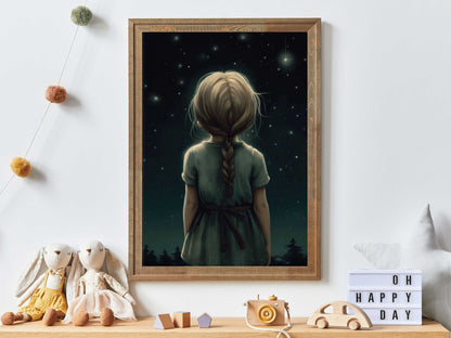 Stargazing Print, Girls Room Wall Art, Forest & Stars Decor - WildfieldPrints