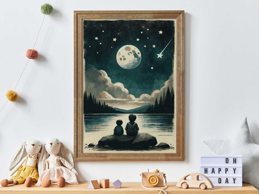 Stargazing Print, Moody Night Sky Decor, Moon & Stars Wall Art - WildfieldPrints