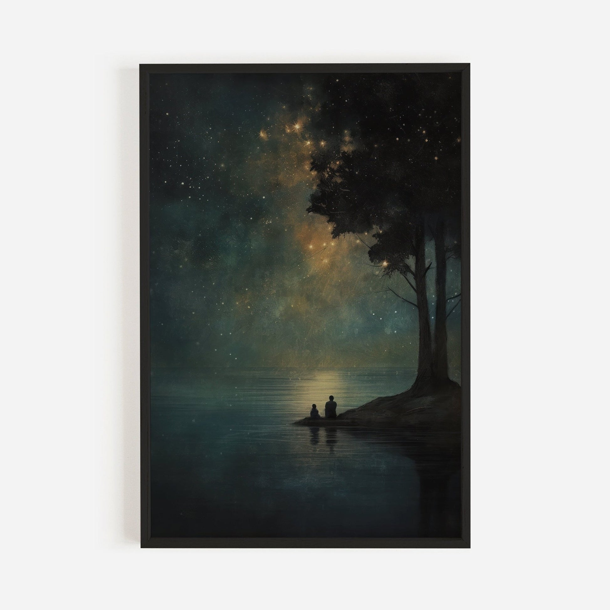 Stargazing Wall Art, Night Sky Print, Father & Child Starry Scene, Landscape Decor - WildfieldPrints