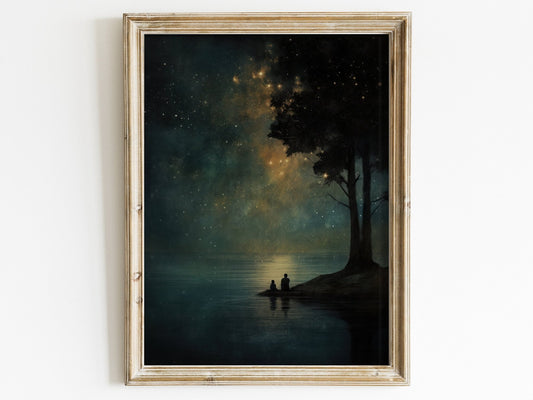 Stargazing Wall Art, Night Sky Print, Father & Child Starry Scene, Landscape Decor - WildfieldPrints