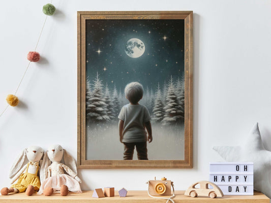 Stars & Moon Nursery Decor, Boys Room Wall Art, Moody Kids Print - WildfieldPrints