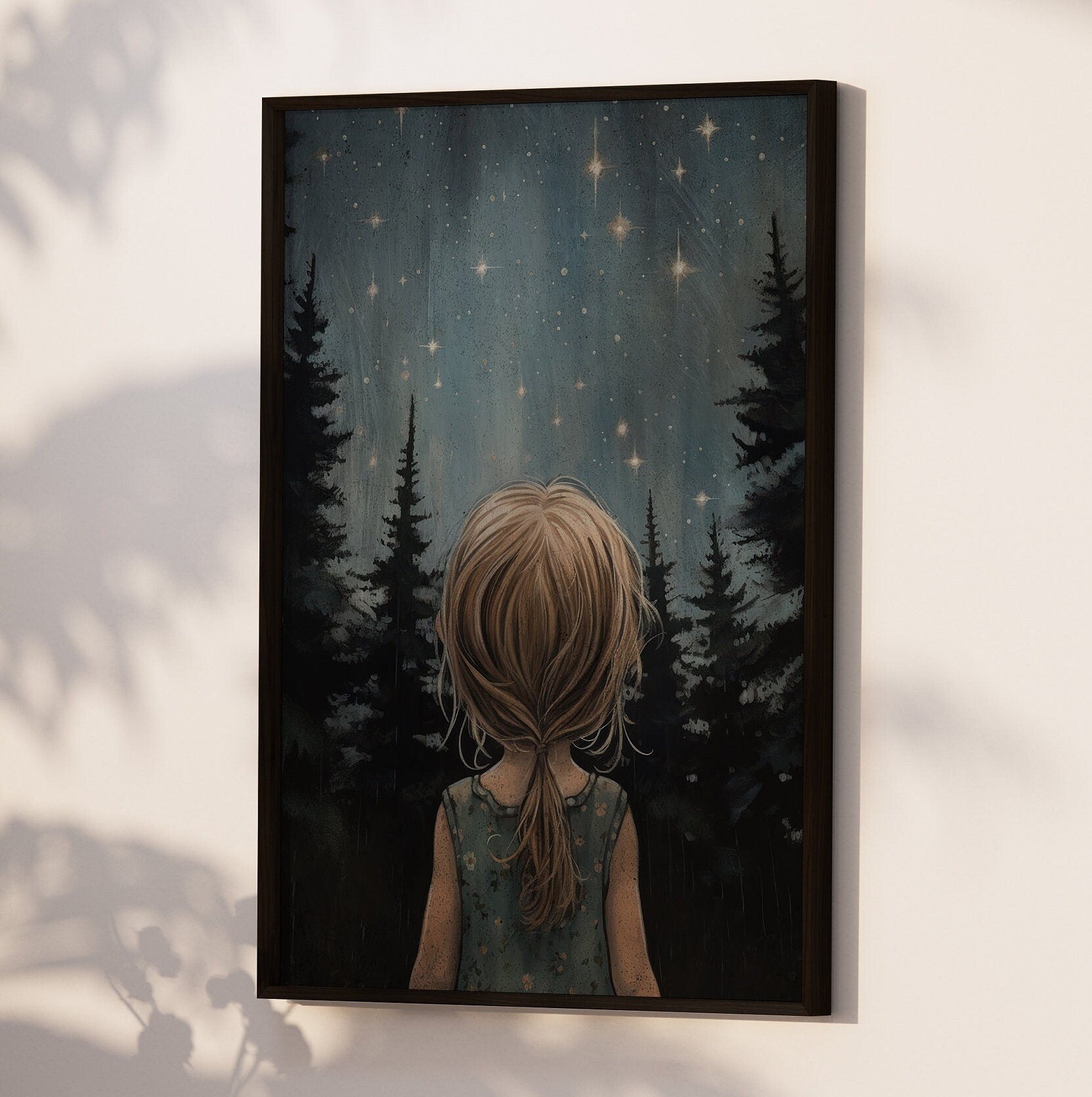 Stars & Moon Nursery Decor, Moody Kids Room Wall Art, Forest Print - WildfieldPrints