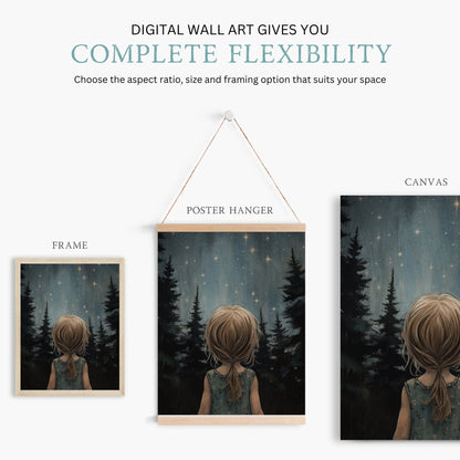 Stars & Moon Nursery Decor, Moody Kids Room Wall Art, Forest Print - WildfieldPrints