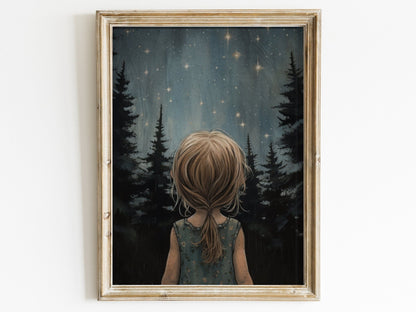 Stars & Moon Nursery Decor, Moody Kids Room Wall Art, Forest Print - WildfieldPrints
