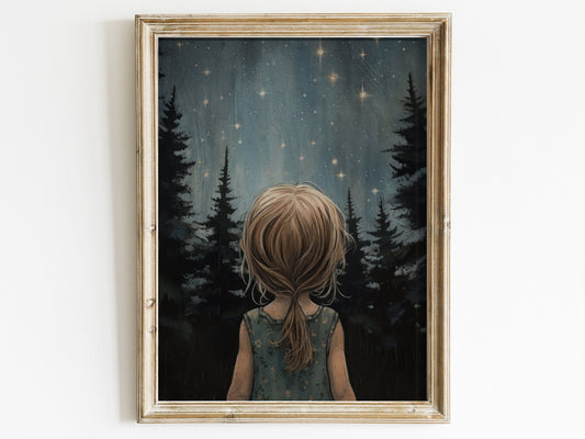 Stars & Moon Nursery Decor, Moody Kids Room Wall Art, Forest Print - WildfieldPrints