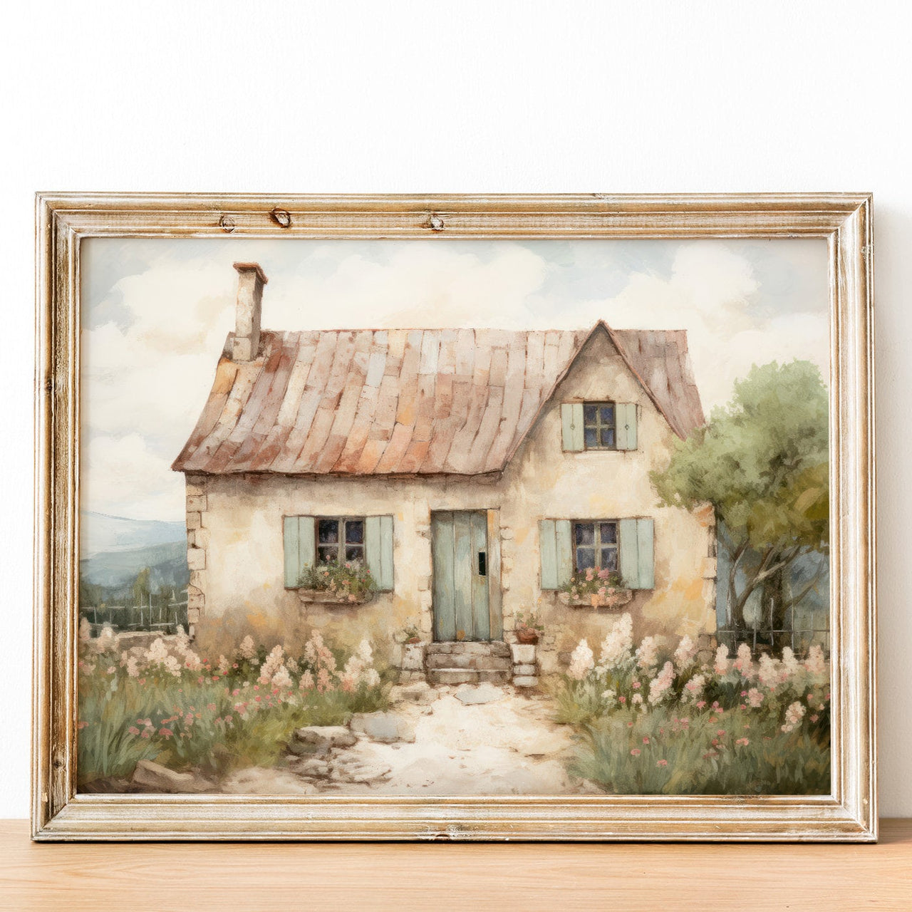 Stone Cottage Wall Art – Farmhouse Living Room Print