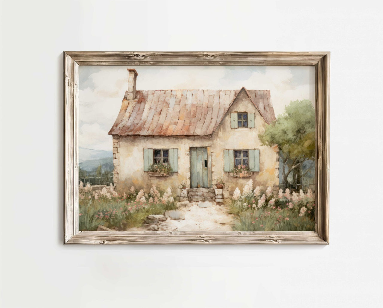 Stone Cottage Wall Art – Farmhouse Living Room Print