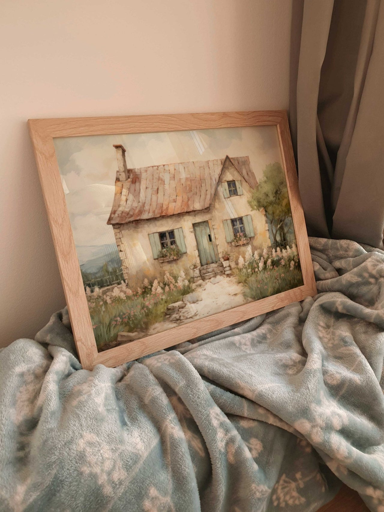 Stone Cottage Wall Art – Farmhouse Living Room Print