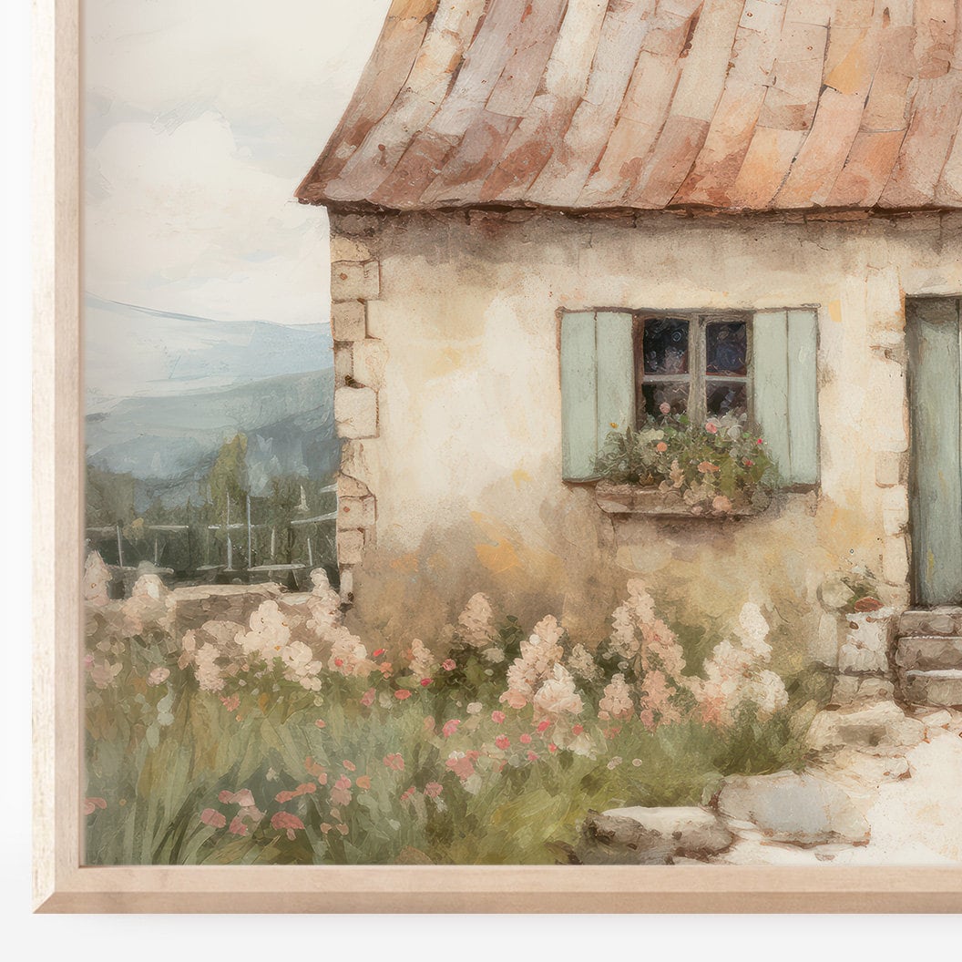 Stone Cottage Wall Art – Farmhouse Living Room Print
