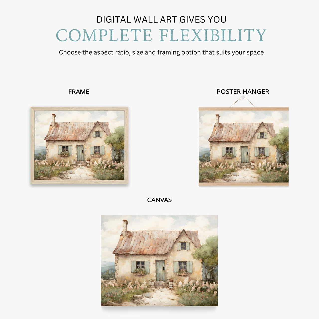Stone Cottage Wall Art – Farmhouse Living Room Print