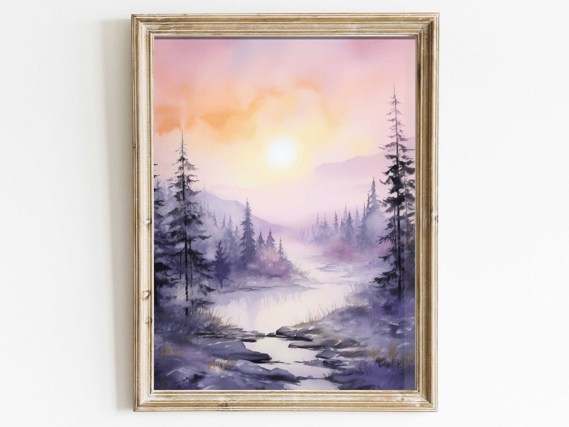Stream & Forest Wall Art, Watercolor Landscape Decor, Purple Bedroom - WildfieldPrints