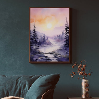 Stream & Forest Wall Art, Watercolor Landscape Decor, Purple Bedroom - WildfieldPrints