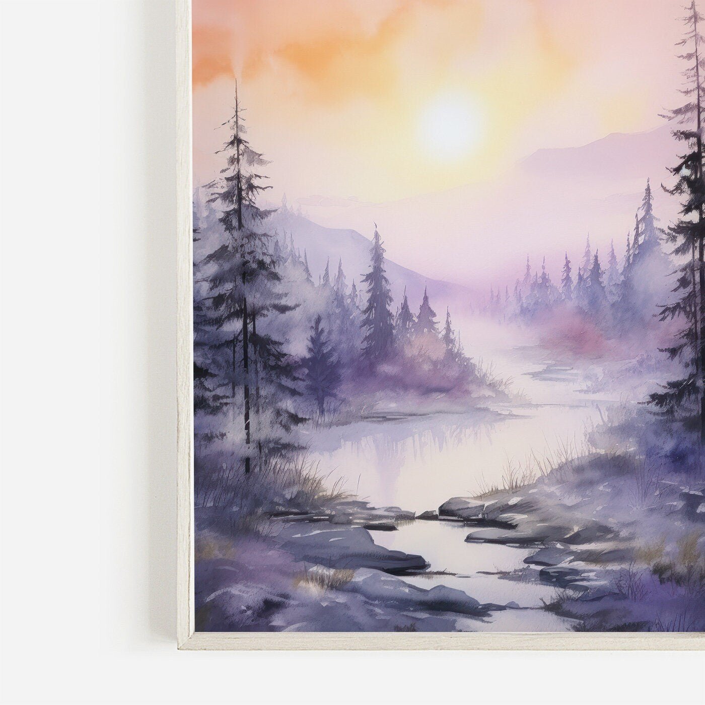 Stream & Forest Wall Art, Watercolor Landscape Decor, Purple Bedroom - WildfieldPrints
