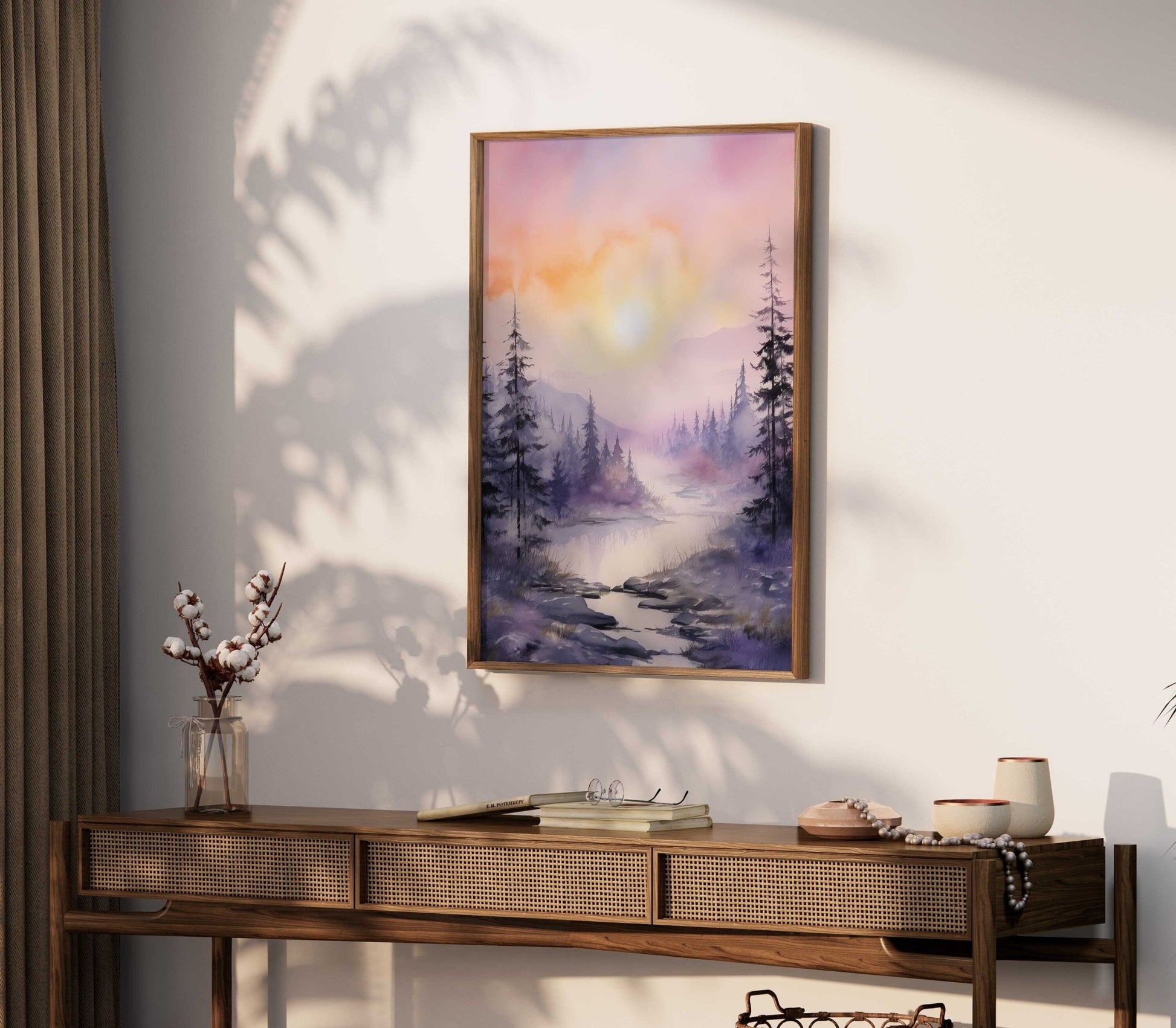 Stream & Forest Wall Art, Watercolor Landscape Decor, Purple Bedroom - WildfieldPrints