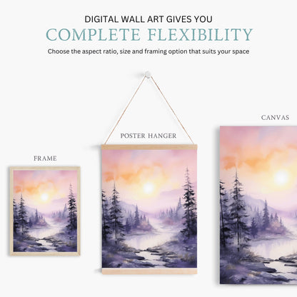 Stream & Forest Wall Art, Watercolor Landscape Decor, Purple Bedroom - WildfieldPrints