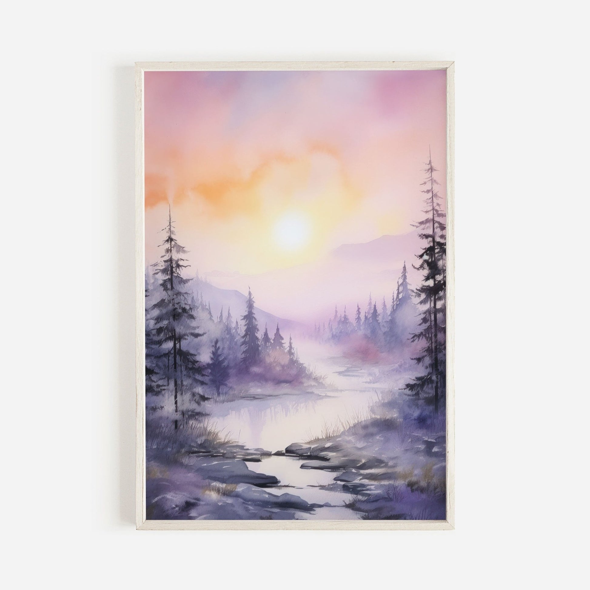 Stream & Forest Wall Art, Watercolor Landscape Decor, Purple Bedroom - WildfieldPrints