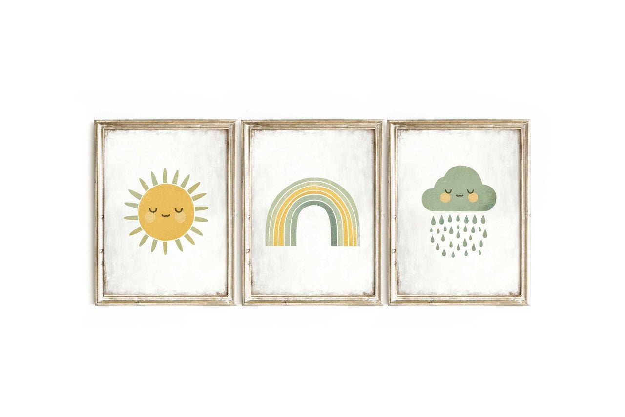 Sun Rainbow Cloud Print – Sky Nursery Wall Decor for Kids • Set of 3
