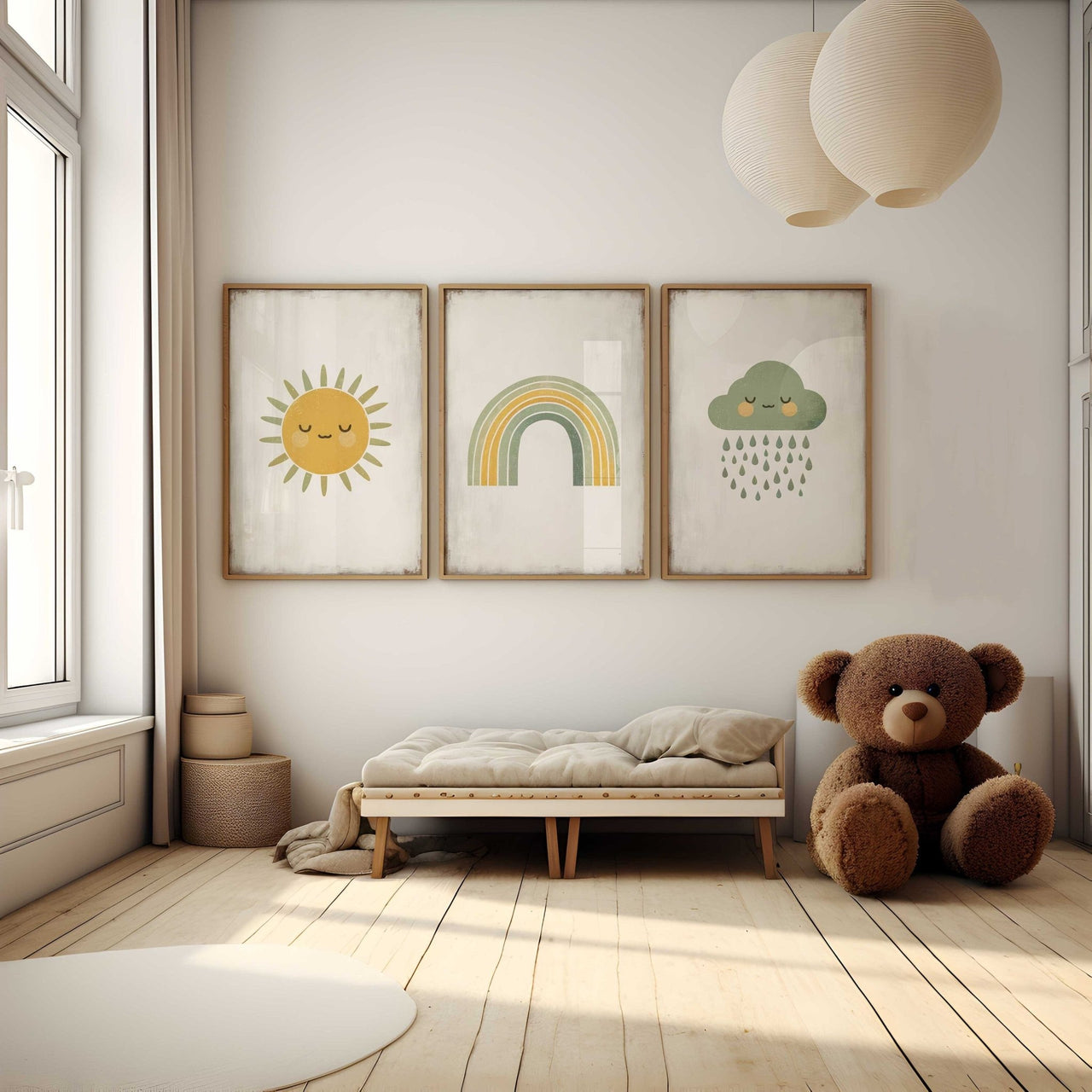 Sun Rainbow Cloud Print – Sky Nursery Wall Decor for Kids • Set of 3