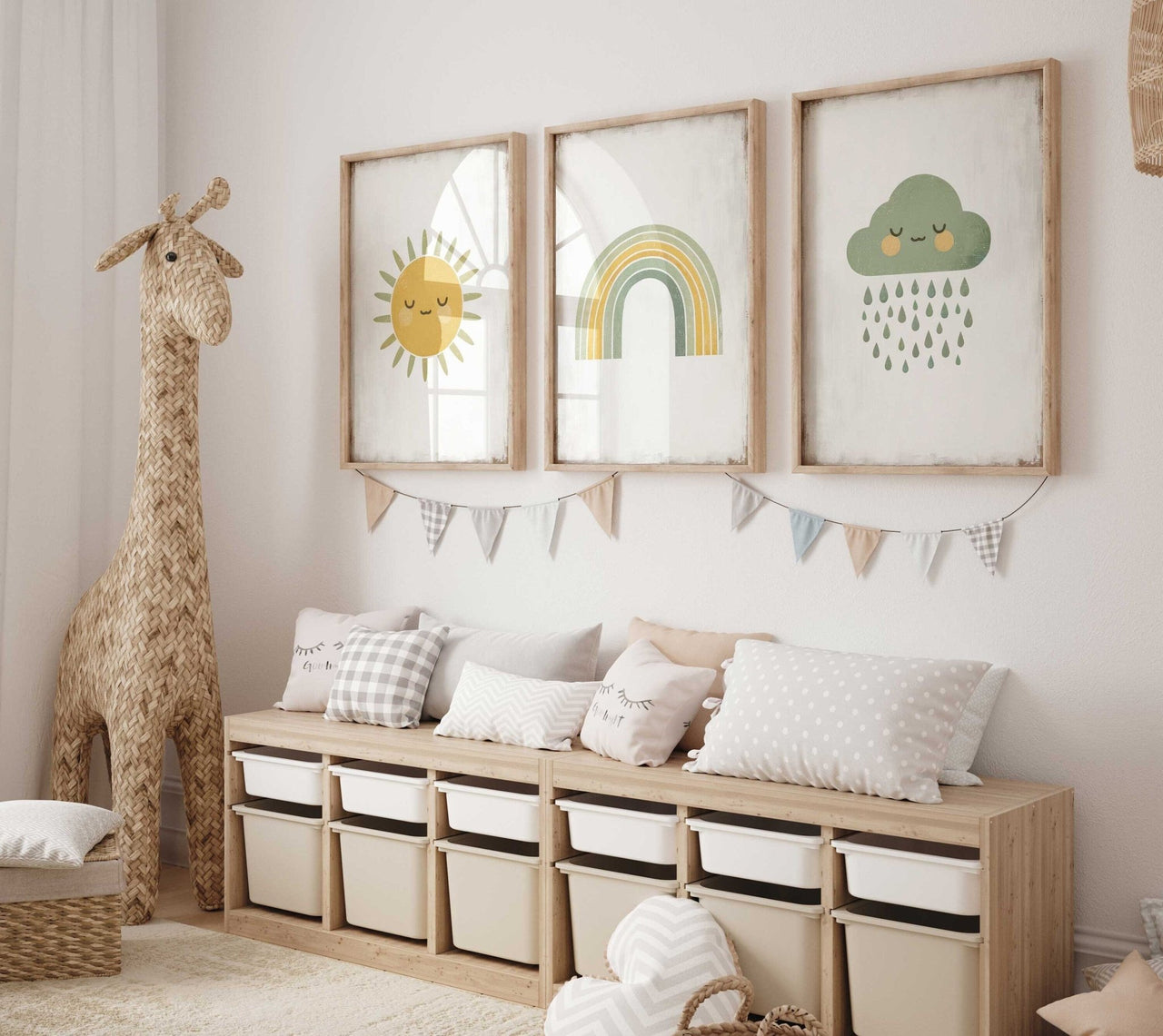 Sun Rainbow Cloud Print – Sky Nursery Wall Decor for Kids • Set of 3
