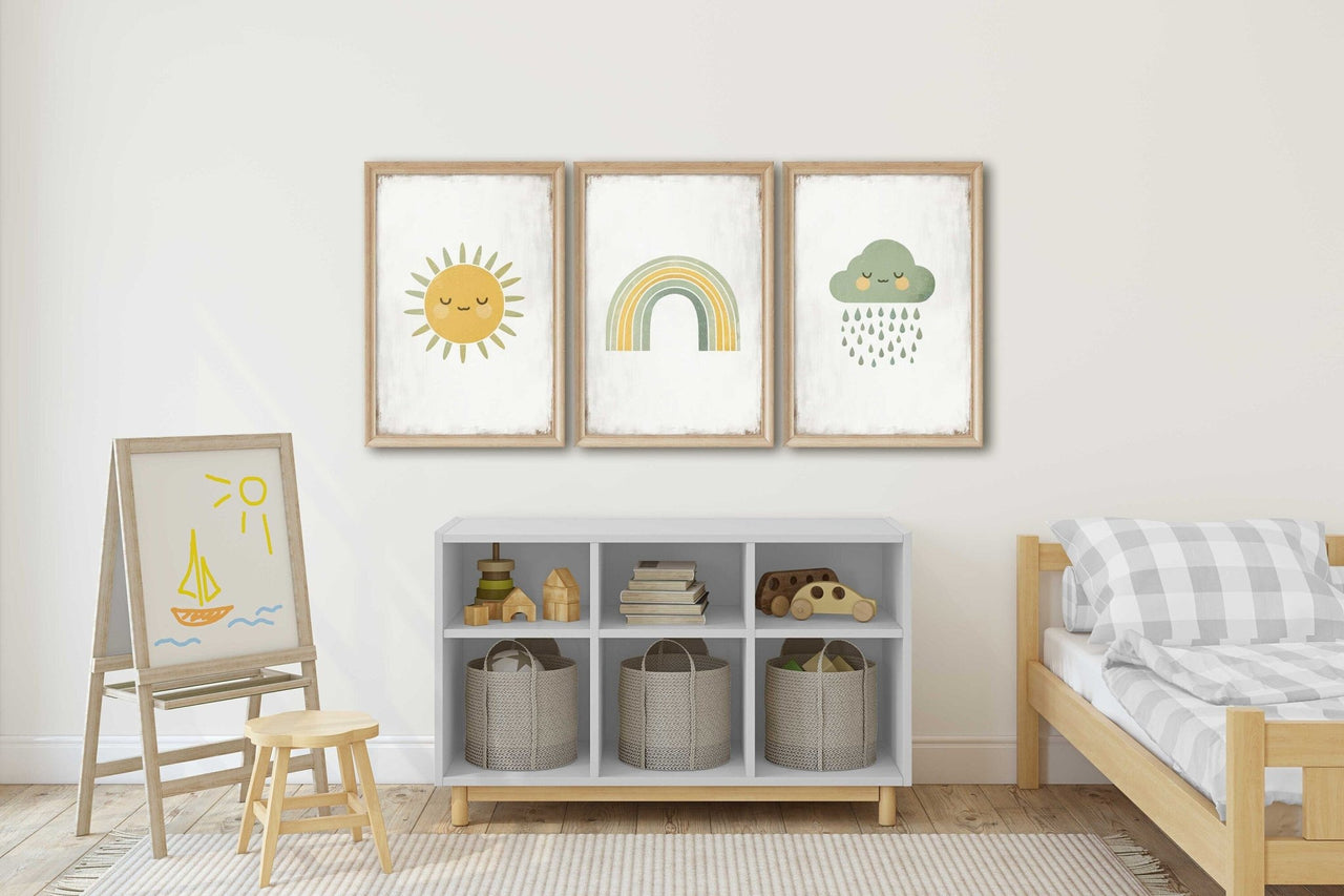 Sun Rainbow Cloud Print – Sky Nursery Wall Decor for Kids • Set of 3